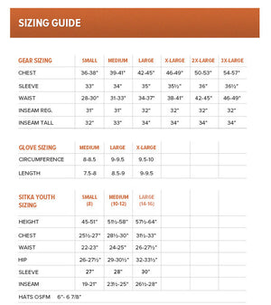 Sitka Size Chart